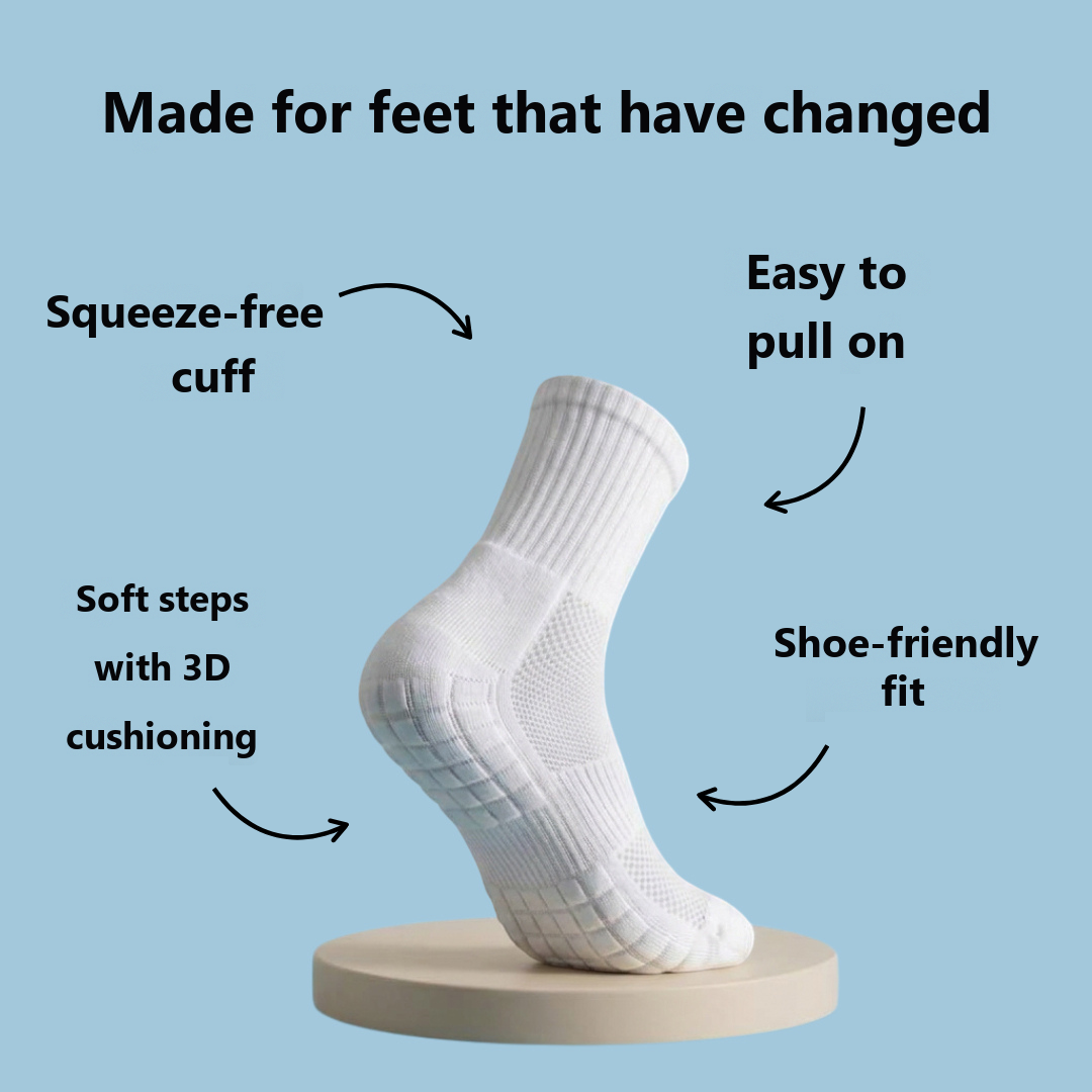 PadSocks cushioned sock with a non-binding cuff, easy to pull on, shoe-friendly fit and soft 3D cushions