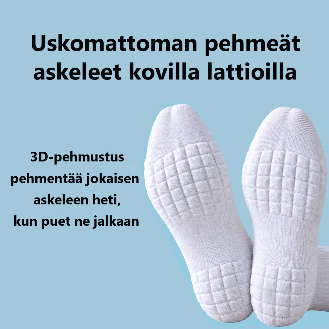 PadSocksin pohja 3D-pehmusteineen, joka pehmentää jokaisen askeleen kovilla lattioilla