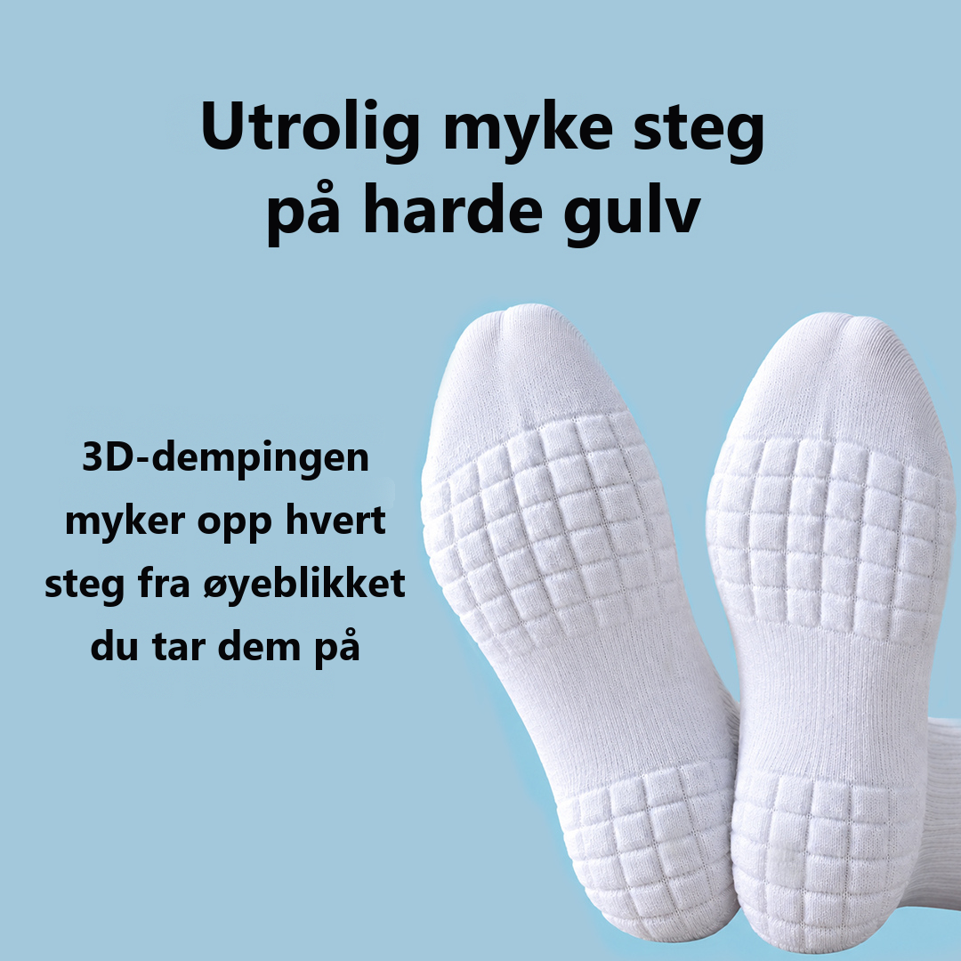 Sålen på PadSocks med 3D-demping som gjør hvert steg mykere på harde gulv