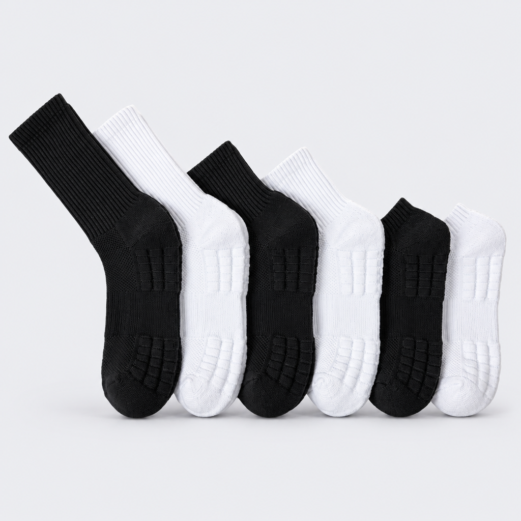 PadSocks i svart och vitt i tre längder: låga, mid och höga